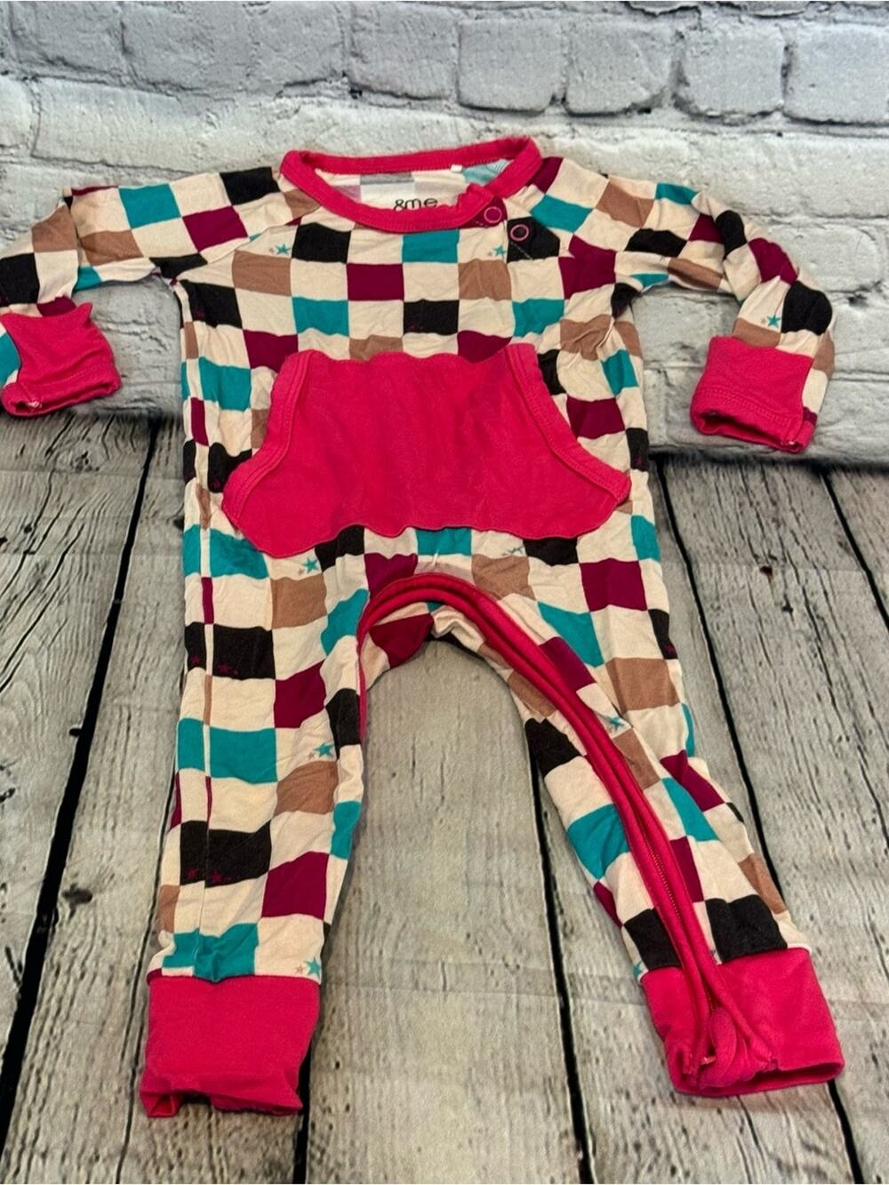 &Me Bamboo Checker Pattern Bamboo Crescent Zippie Romper